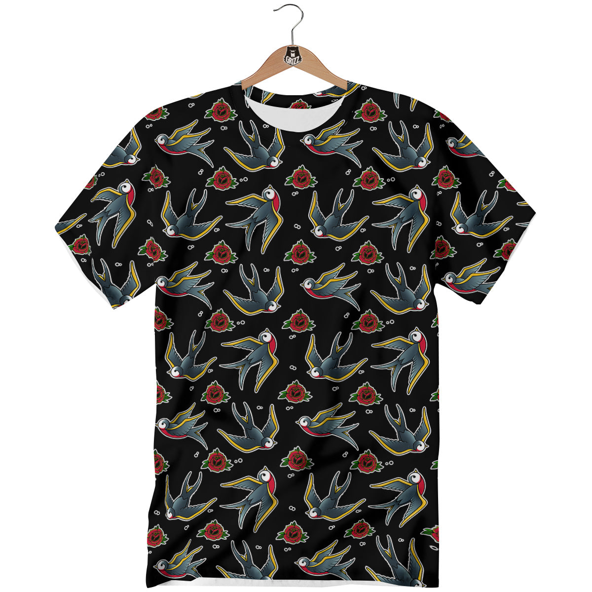 Swallows And Roses Tattoo Print Pattern T-Shirt-grizzshop