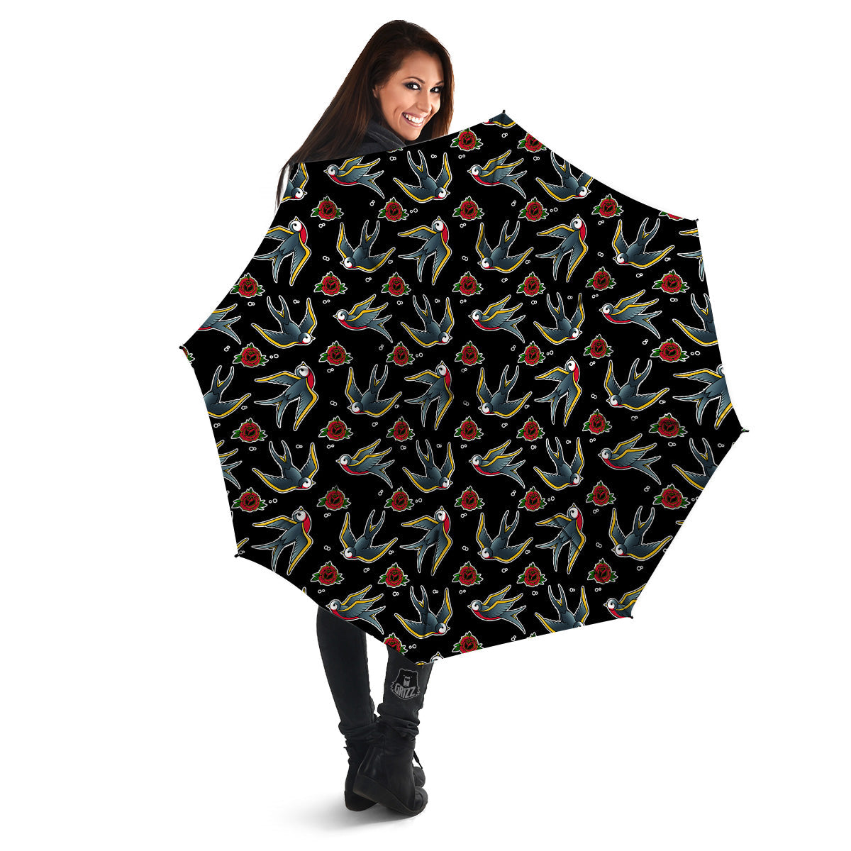 Swallows And Roses Tattoo Print Pattern Umbrella-grizzshop
