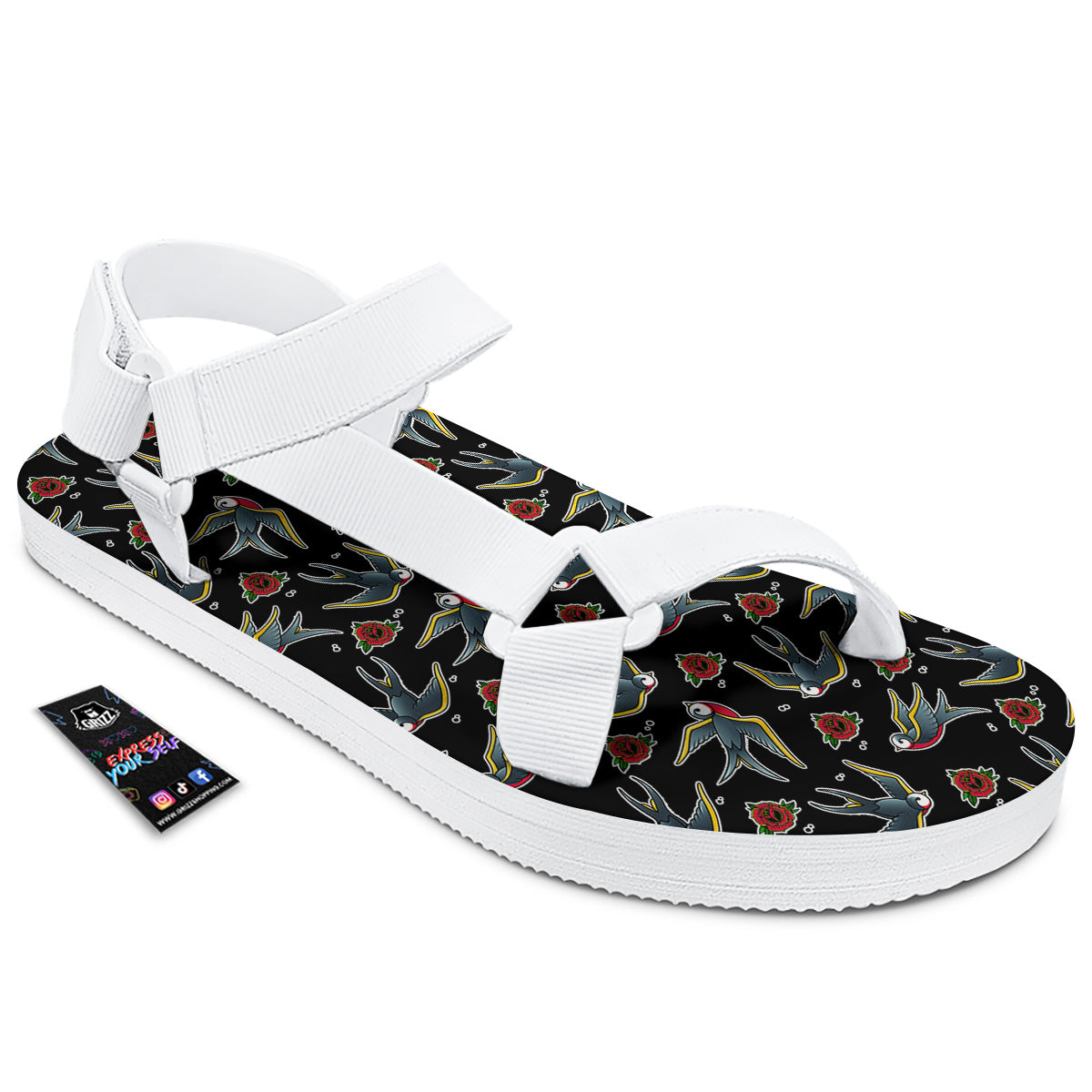 Swallows And Roses Tattoo Print Pattern White Open Toe Sandals-grizzshop