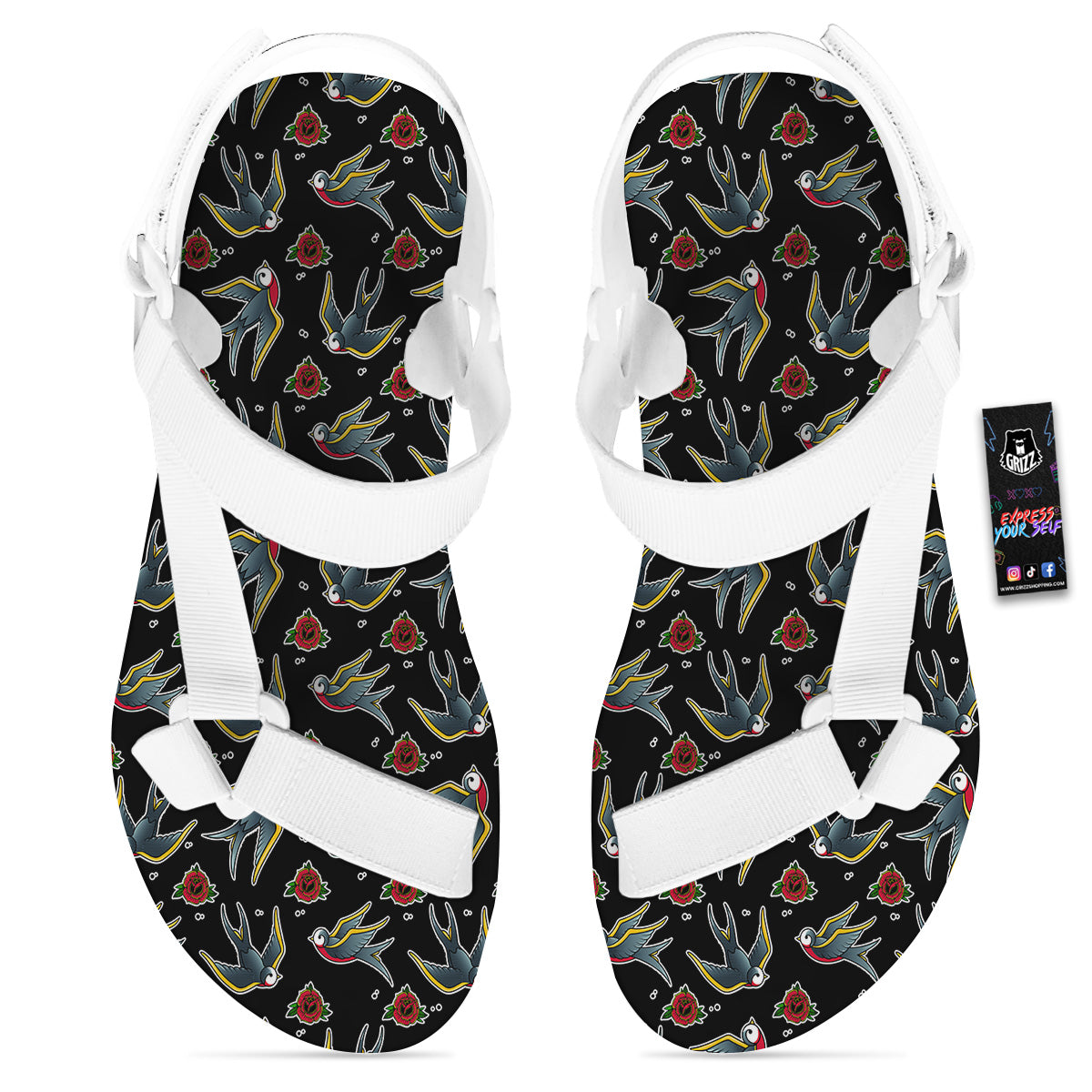 Swallows And Roses Tattoo Print Pattern White Open Toe Sandals-grizzshop