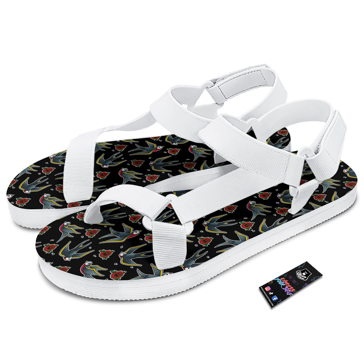 Swallows And Roses Tattoo Print Pattern White Open Toe Sandals-grizzshop