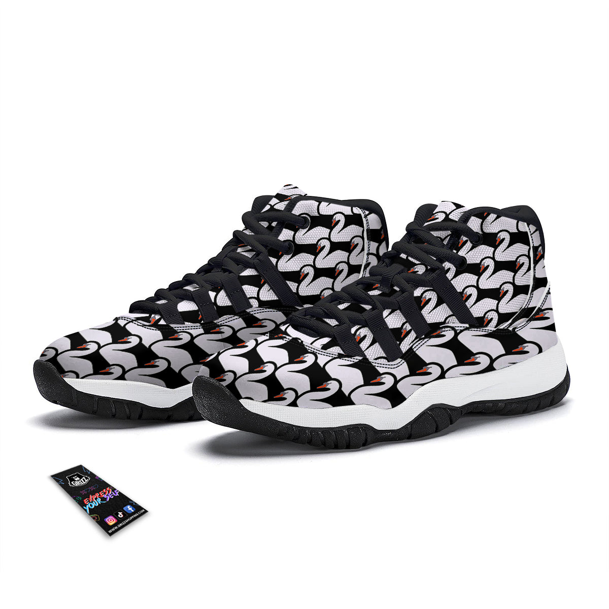 Swan Pattern Print Black Bball Shoes-grizzshop