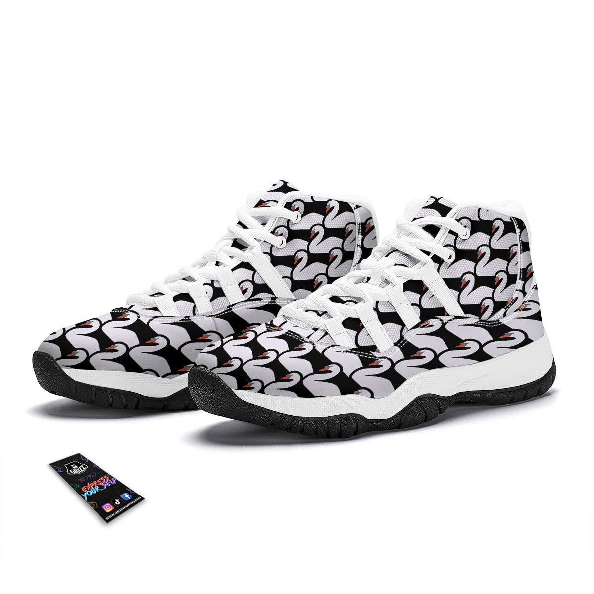 Swan Pattern Print White Bball Shoes-grizzshop