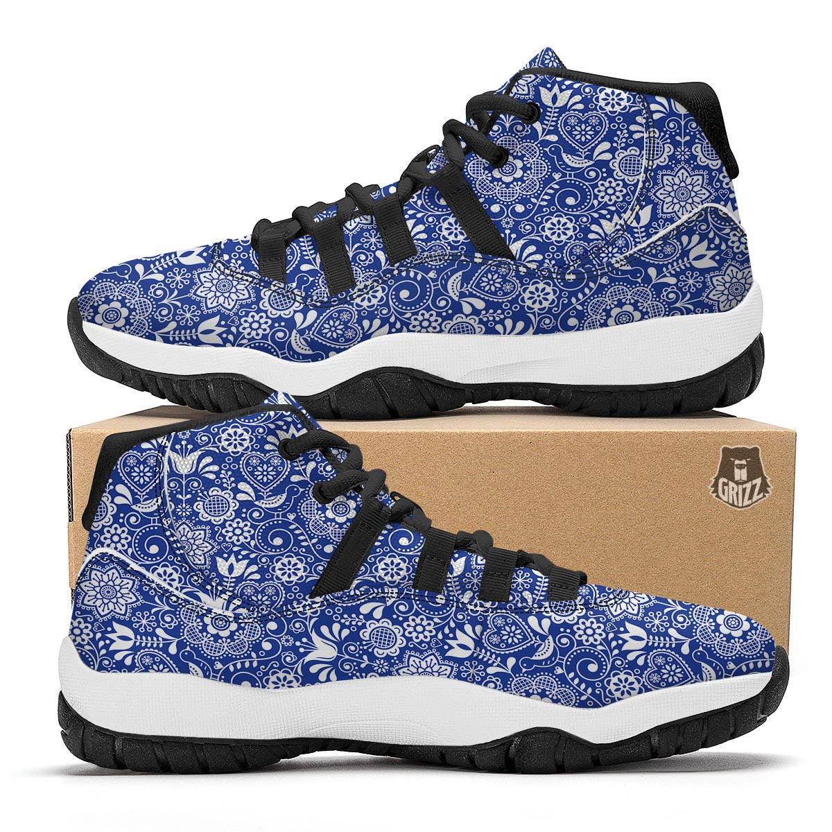 Swedish Floral Pattern Print Black Bball Shoes-grizzshop