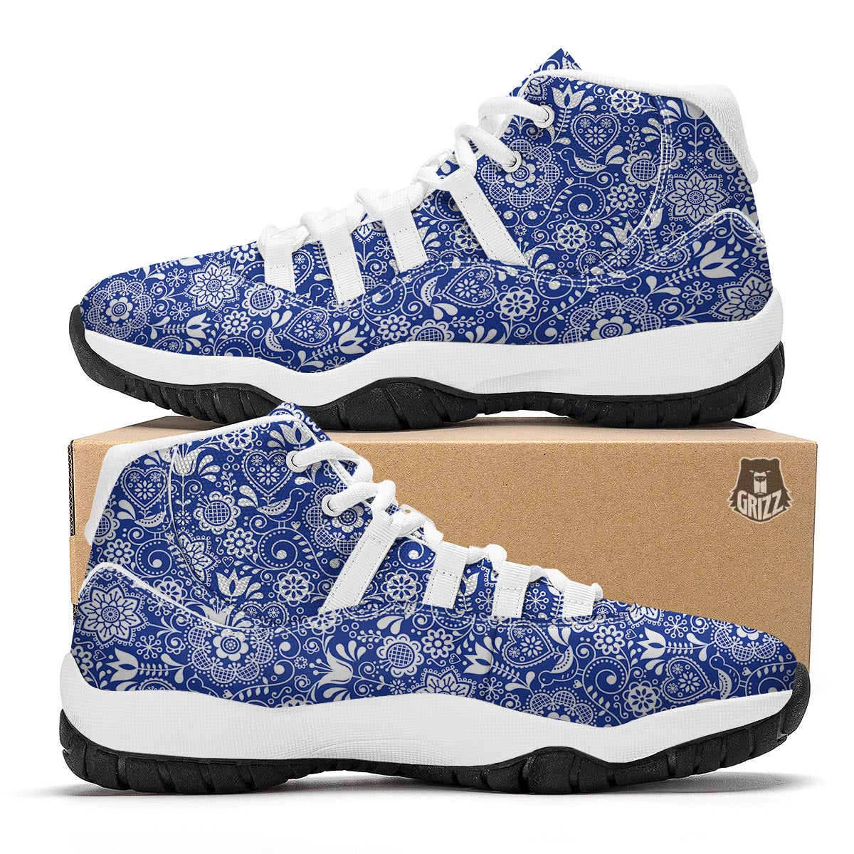 Swedish Floral Pattern Print White Bball Shoes-grizzshop