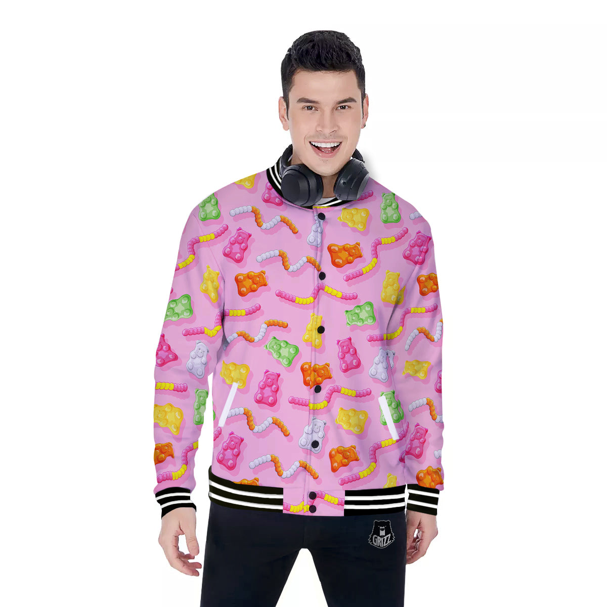Sweet Gummy Bears And Worms Print Pattern Baseball Jacket-grizzshop