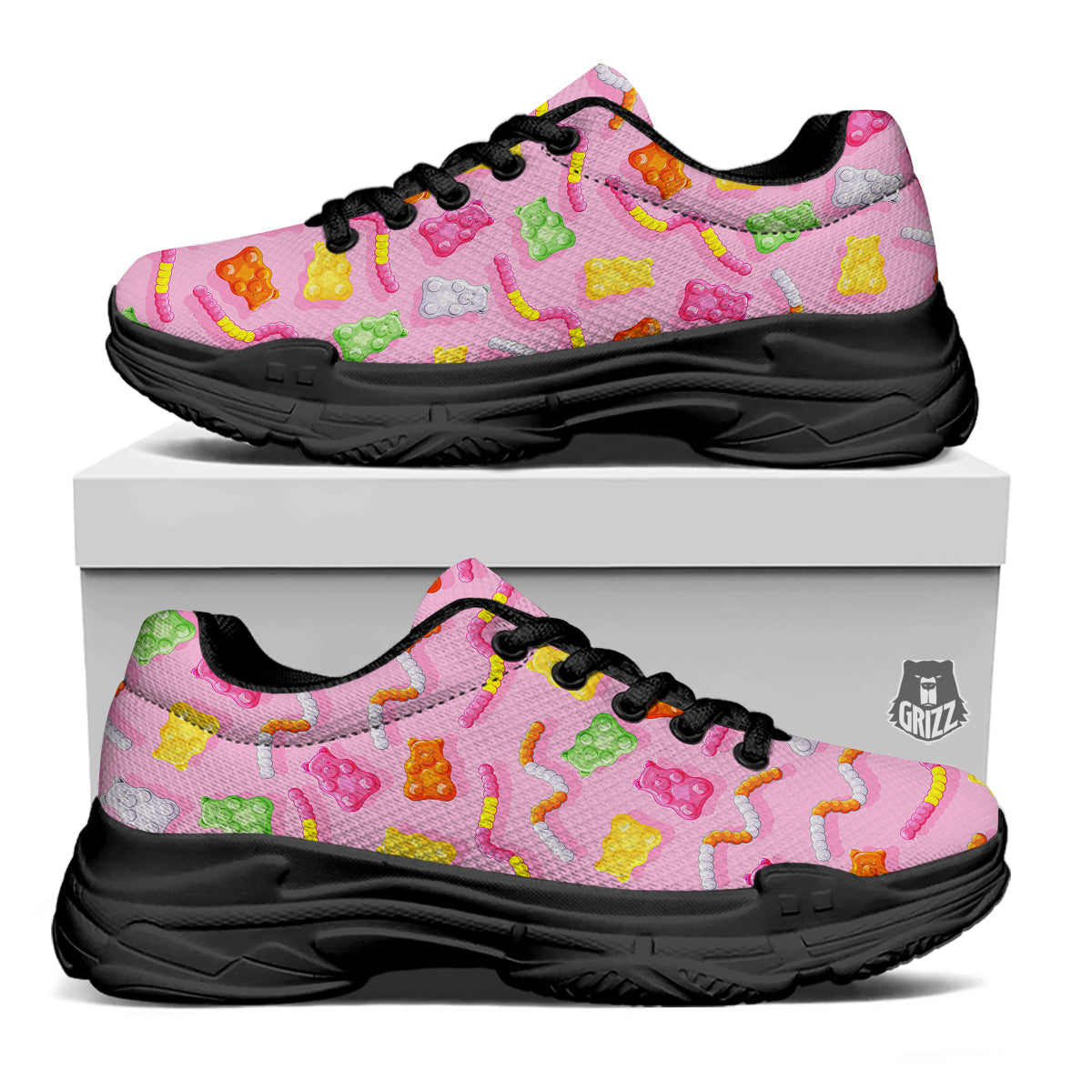 Sweet Gummy Bears And Worms Print Pattern Black Chunky Shoes-grizzshop