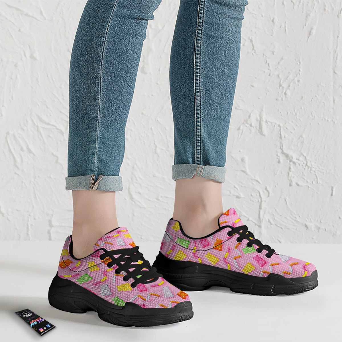 Sweet Gummy Bears And Worms Print Pattern Black Chunky Shoes-grizzshop