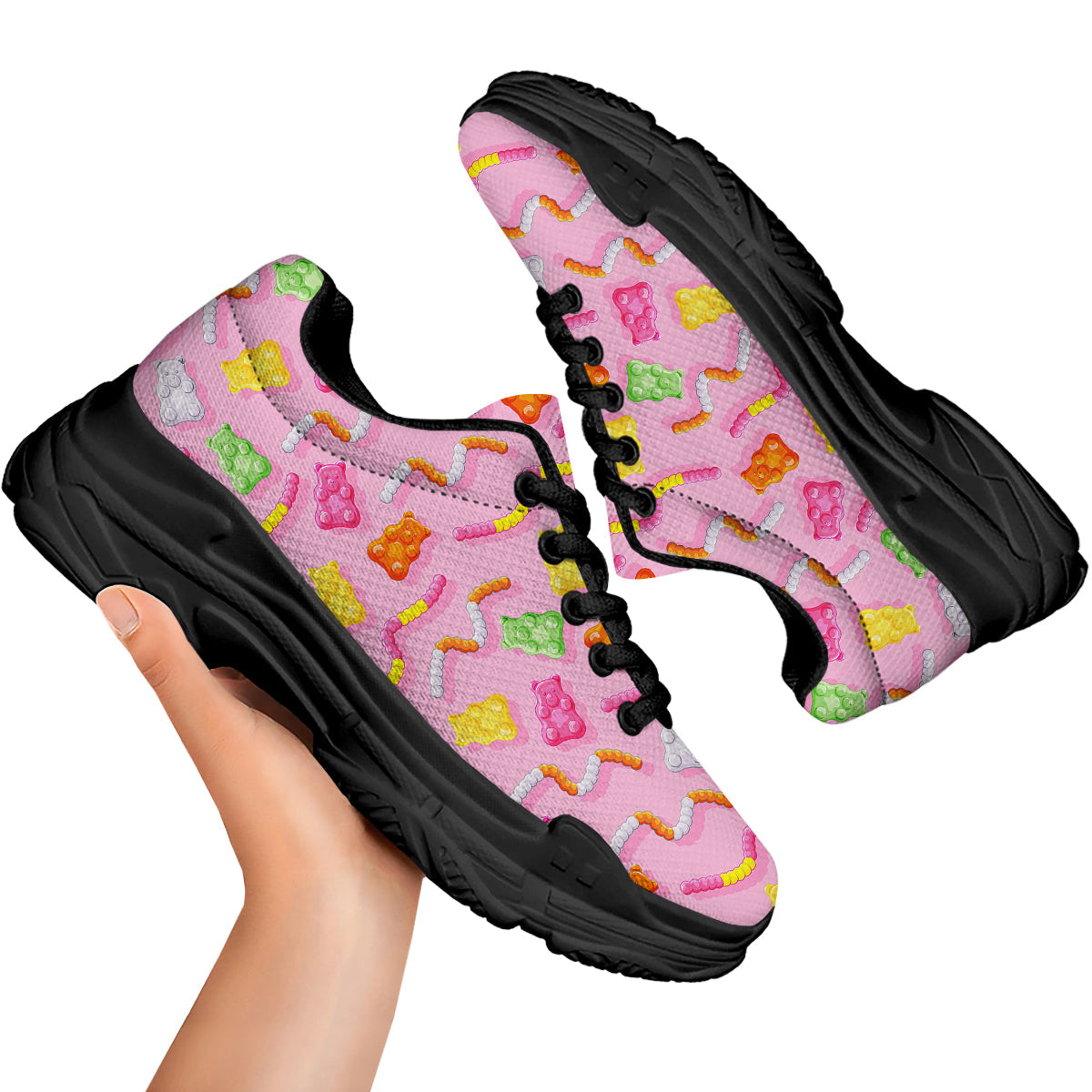 Sweet Gummy Bears And Worms Print Pattern Black Chunky Shoes-grizzshop