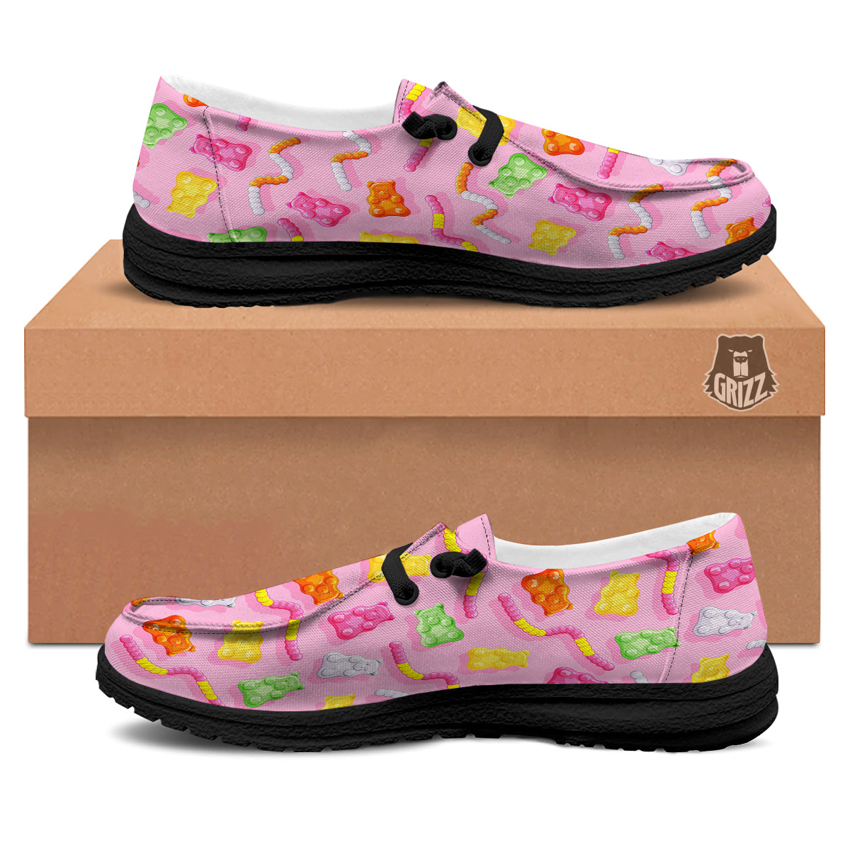 Sweet Gummy Bears And Worms Print Pattern Black Loafers-grizzshop