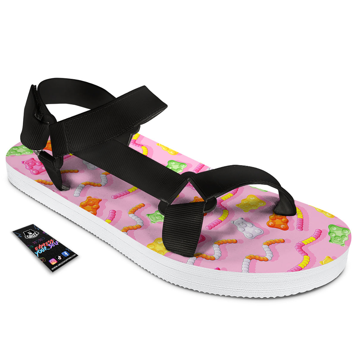 Sweet Gummy Bears And Worms Print Pattern Black Open Toe Sandals-grizzshop