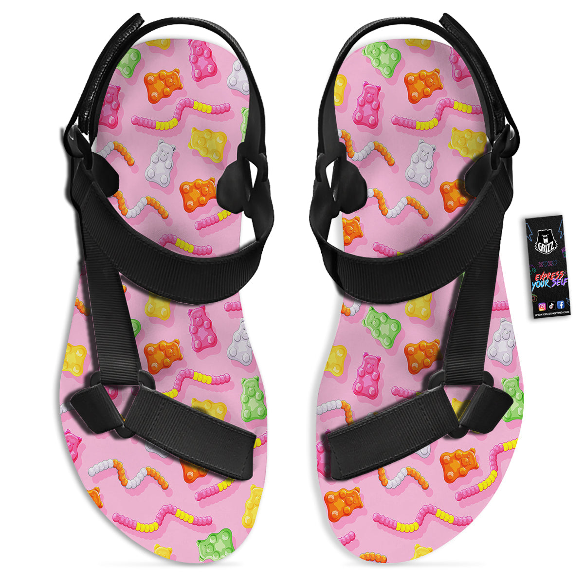 Sweet Gummy Bears And Worms Print Pattern Black Open Toe Sandals-grizzshop