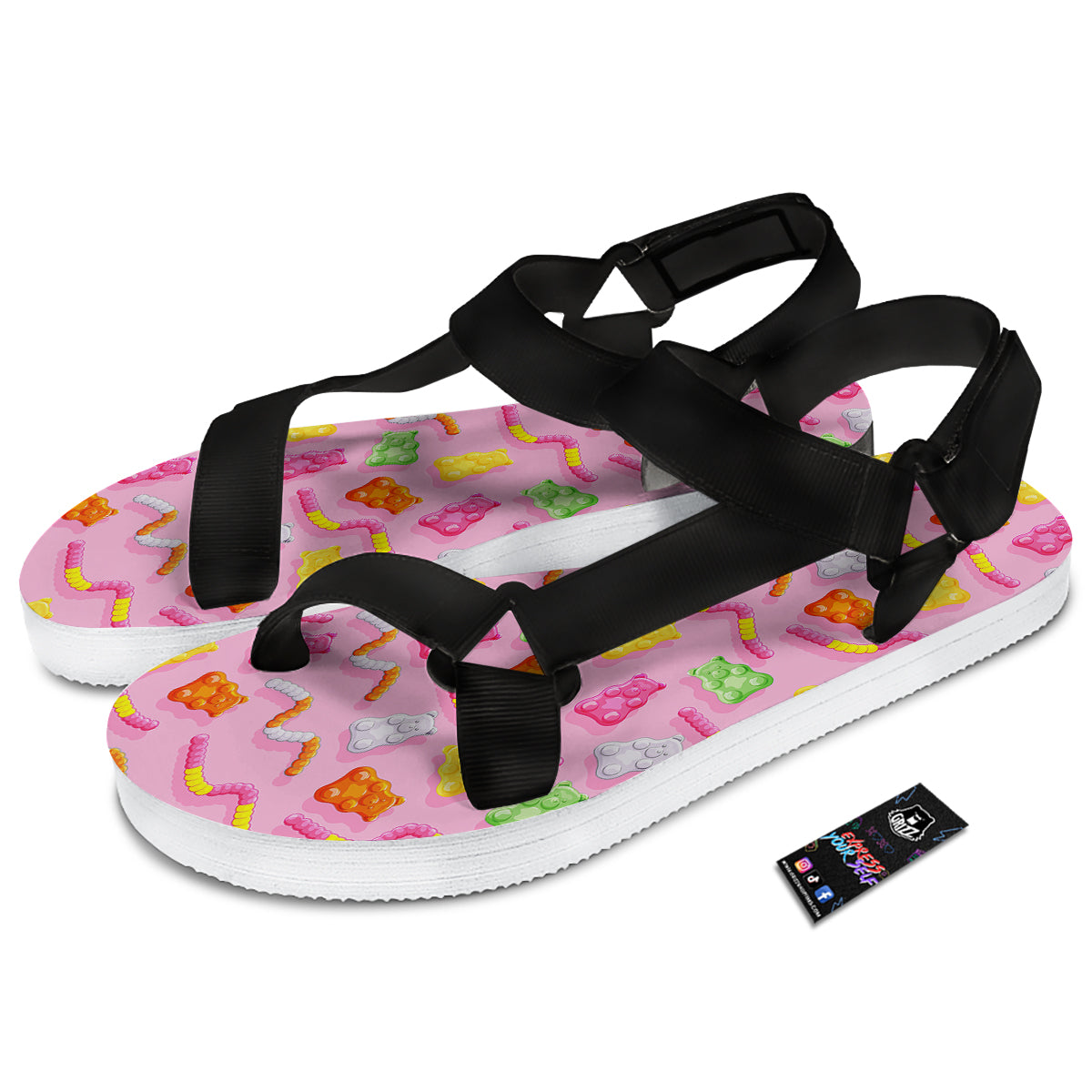 Sweet Gummy Bears And Worms Print Pattern Black Open Toe Sandals-grizzshop