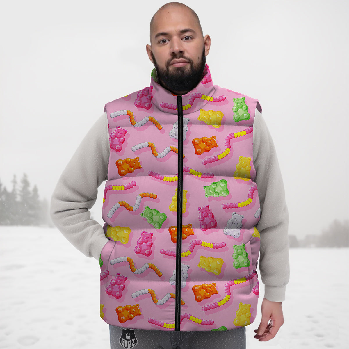 Sweet Gummy Bears And Worms Print Pattern Down Vest