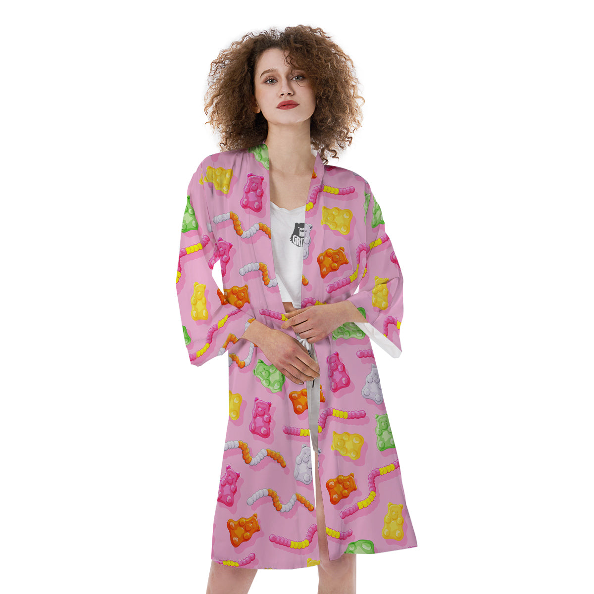 Sweet Gummy Bears And Worms Print Pattern Kimono-grizzshop