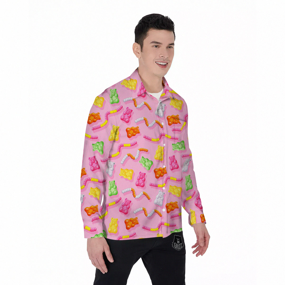 Sweet Gummy Bears And Worms Print Pattern Men's Long Sleeve Shirts-grizzshop