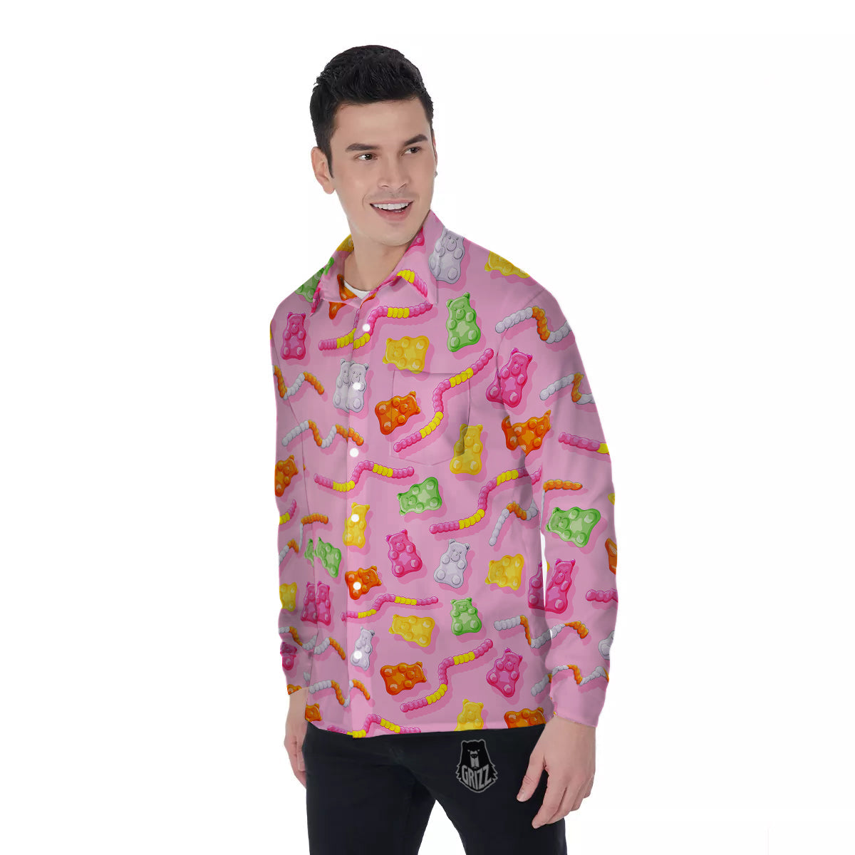 Sweet Gummy Bears And Worms Print Pattern Men's Long Sleeve Shirts-grizzshop