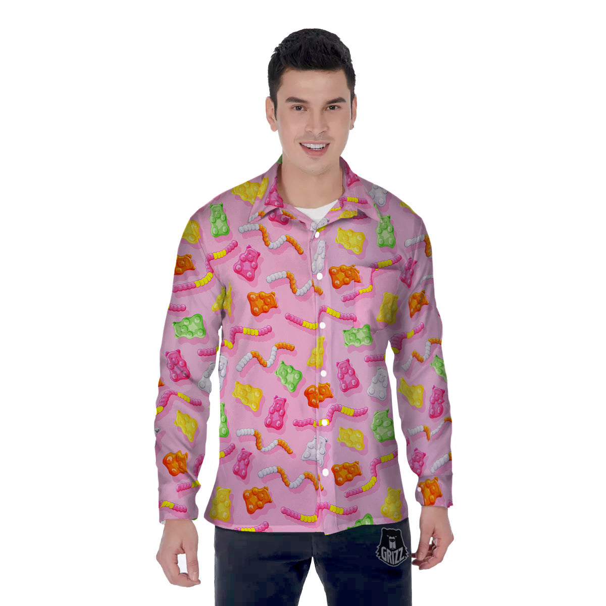 Sweet Gummy Bears And Worms Print Pattern Men's Long Sleeve Shirts-grizzshop