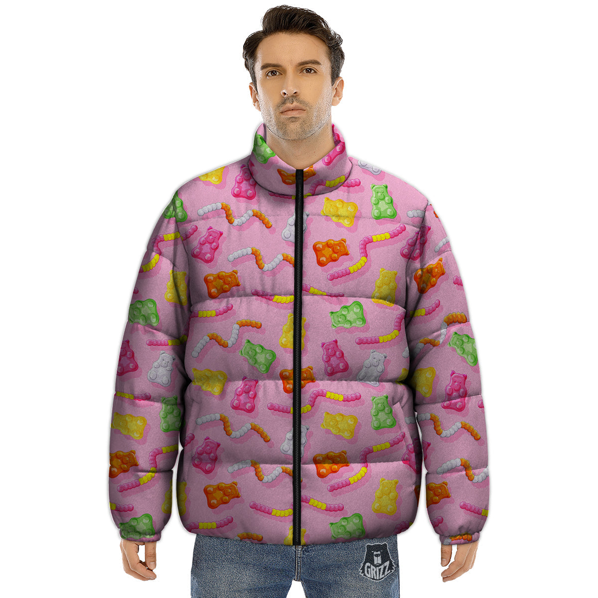 Sweet Gummy Bears And Worms Print Pattern Puffer Jacket-grizzshop