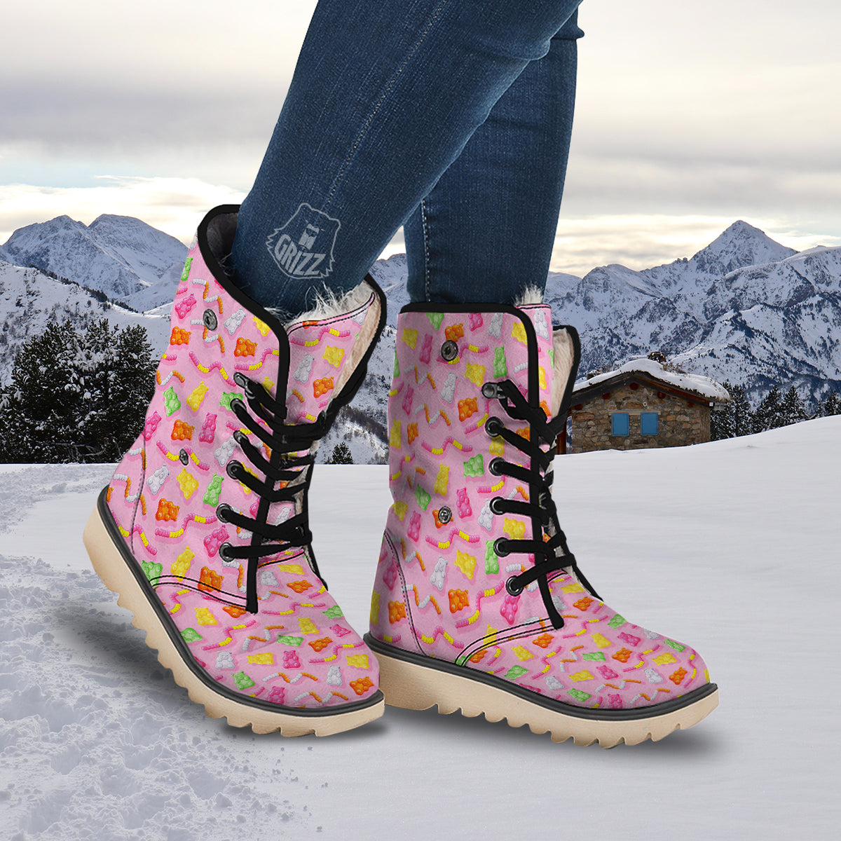 Sweet Gummy Bears And Worms Print Pattern Snow Boots-grizzshop
