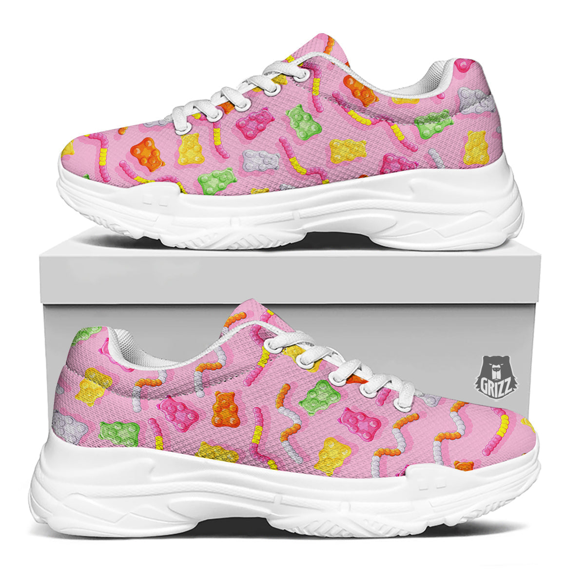 Sweet Gummy Bears And Worms Print Pattern White Chunky Shoes-grizzshop