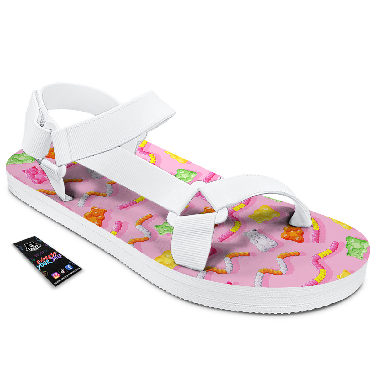Sweet Gummy Bears And Worms Print Pattern White Open Toe Sandals-grizzshop