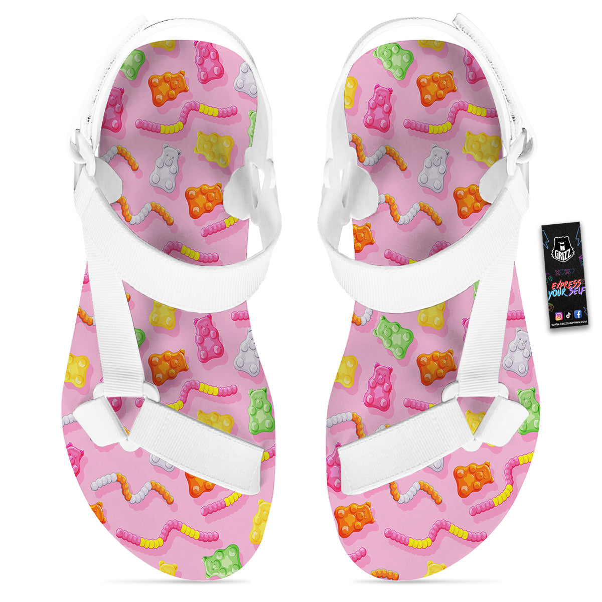 Sweet Gummy Bears And Worms Print Pattern White Open Toe Sandals-grizzshop