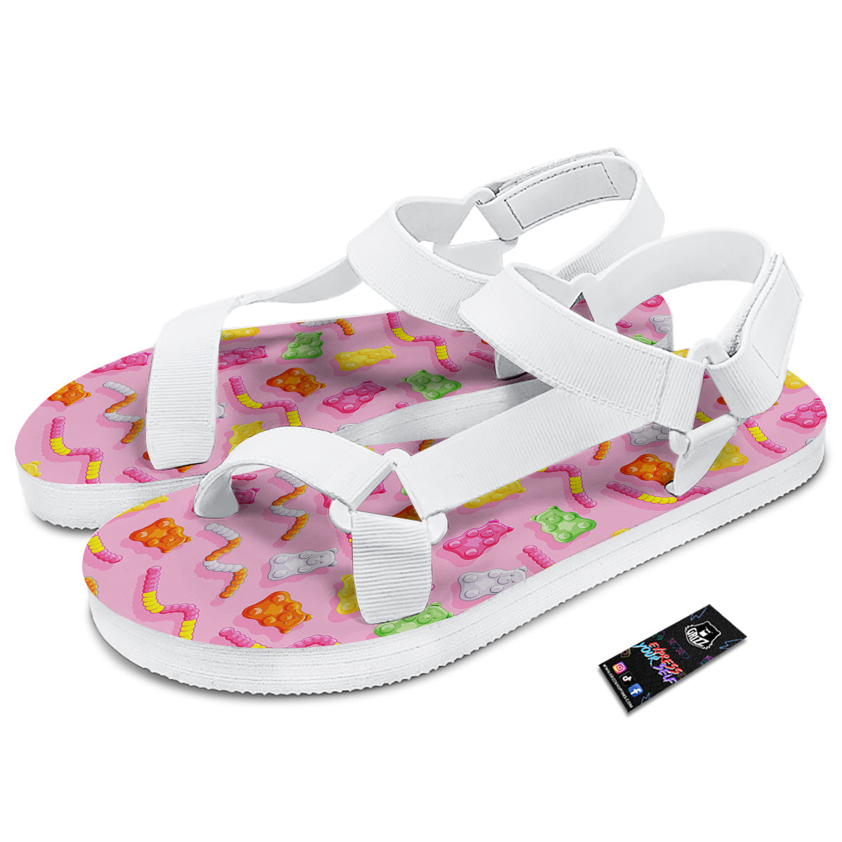 Sweet Gummy Bears And Worms Print Pattern White Open Toe Sandals-grizzshop