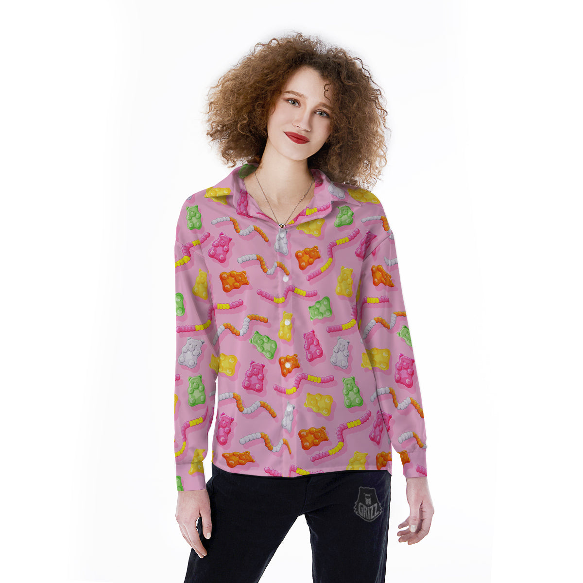 Sweet Gummy Bears And Worms Print Pattern Women's Long Sleeve Shirts-grizzshop