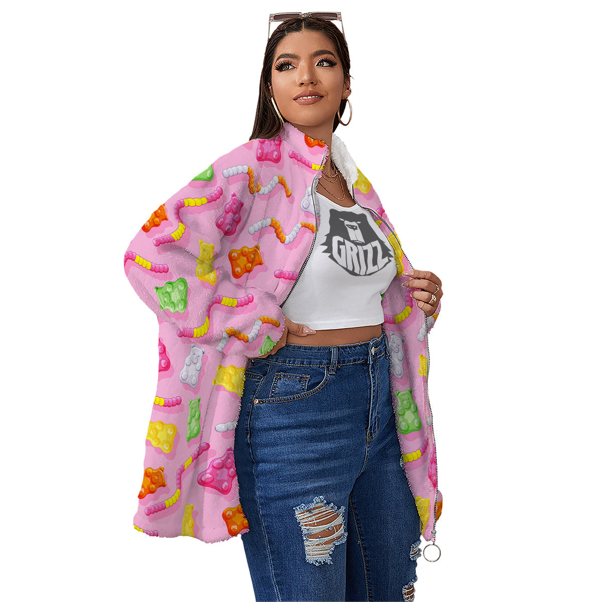 Sweet Gummy Bears And Worms Print Pattern Women's Sherpa Jacket-grizzshop