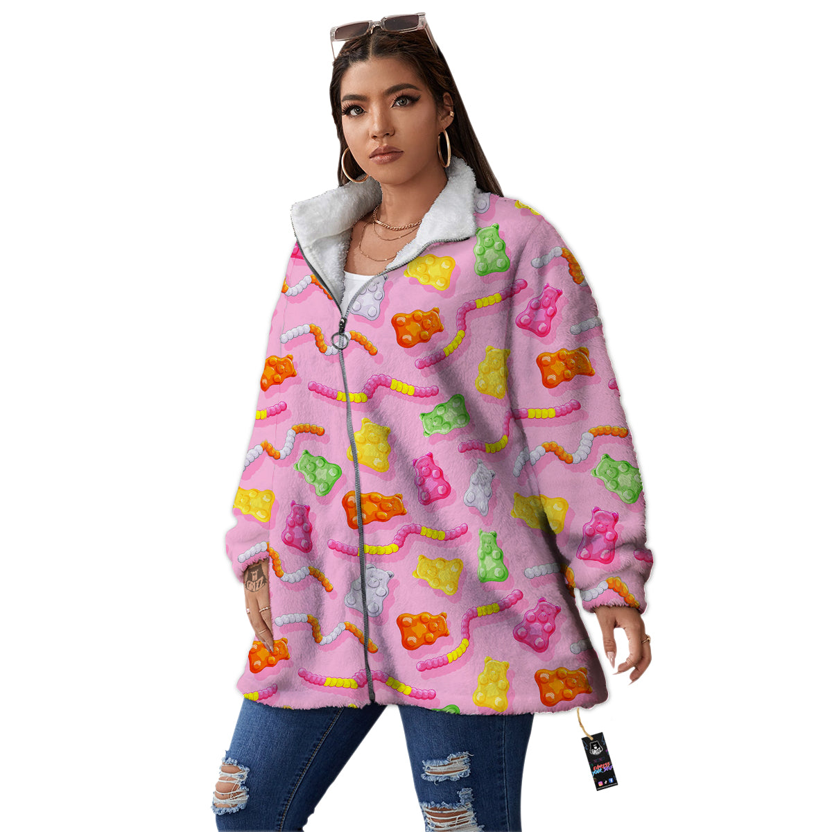 Sweet Gummy Bears And Worms Print Pattern Women's Sherpa Jacket-grizzshop