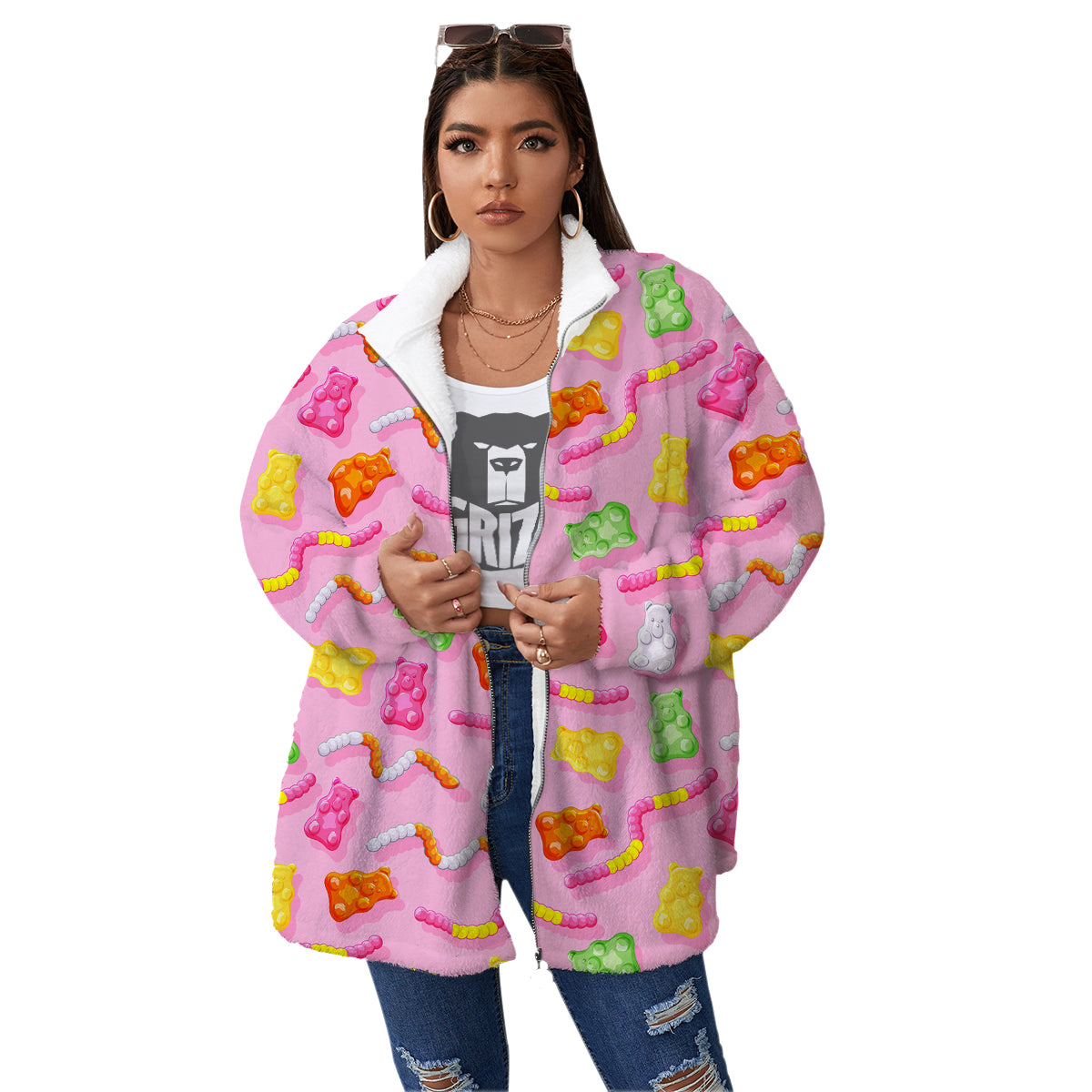 Sweet Gummy Bears And Worms Print Pattern Women's Sherpa Jacket-grizzshop