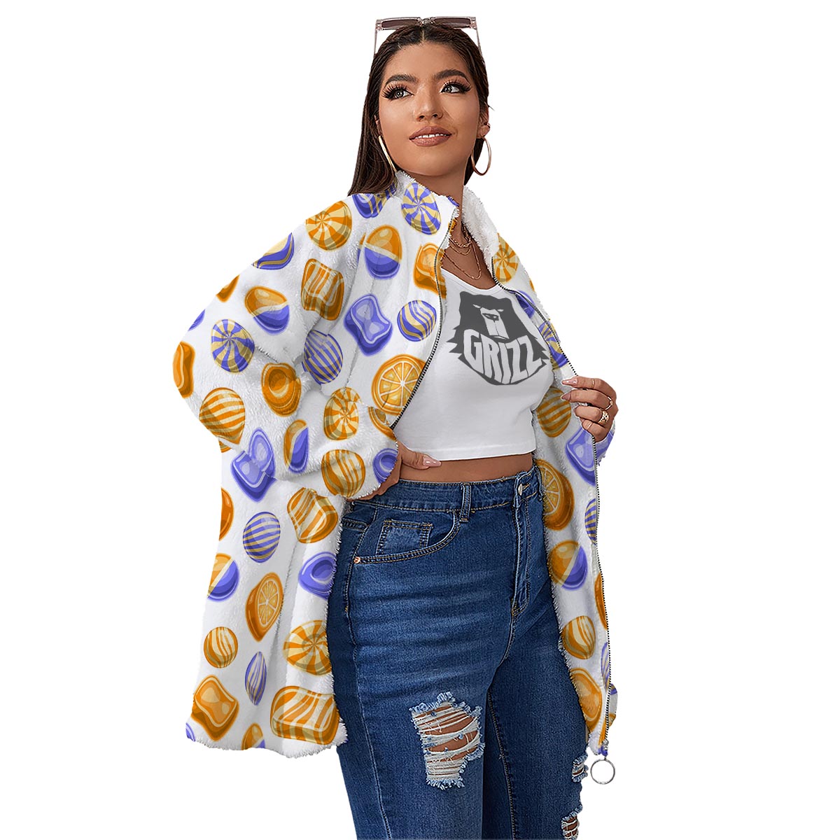 Sweet Gummy Print Pattern Women's Sherpa Jacket-grizzshop