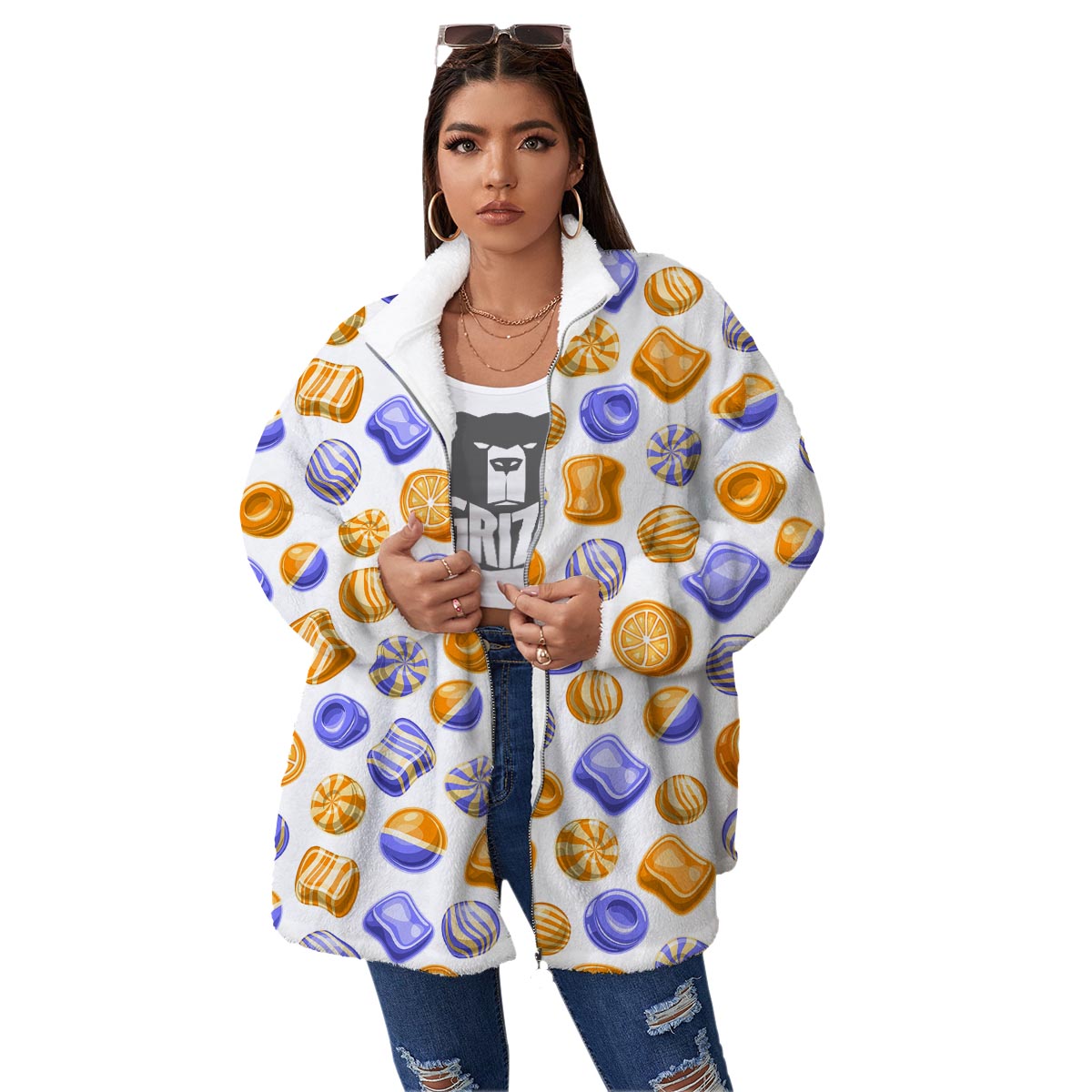 Sweet Gummy Print Pattern Women's Sherpa Jacket-grizzshop