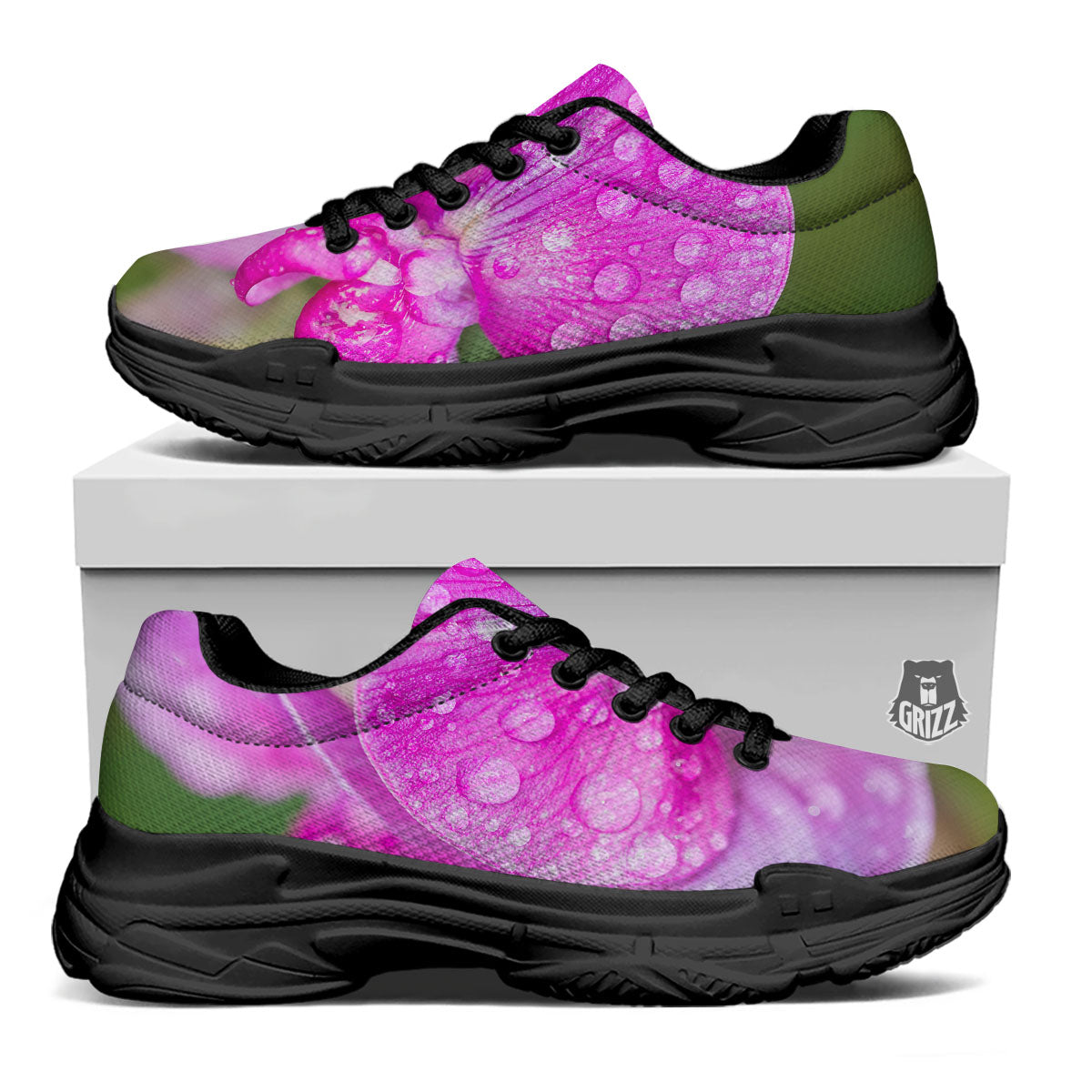 Sweet Pea Purple Print Black Chunky Shoes-grizzshop