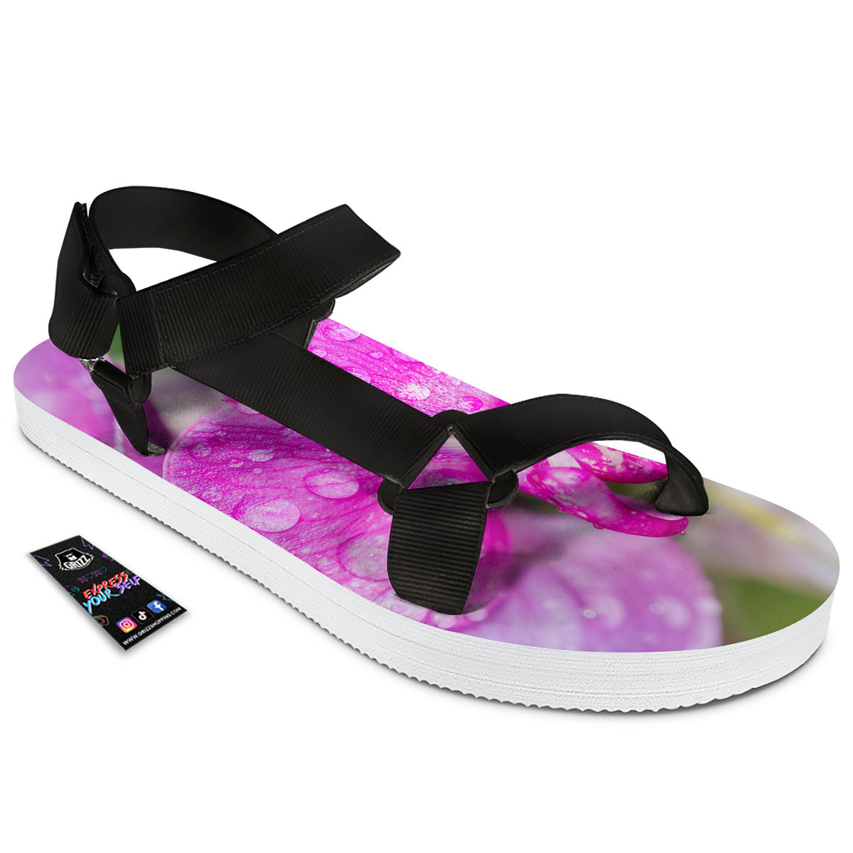 Sweet Pea Purple Print Black Open Toe Sandals-grizzshop