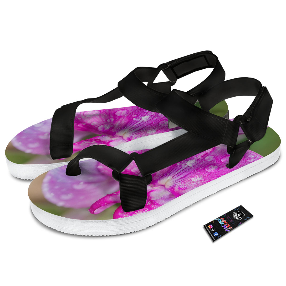 Sweet Pea Purple Print Black Open Toe Sandals-grizzshop
