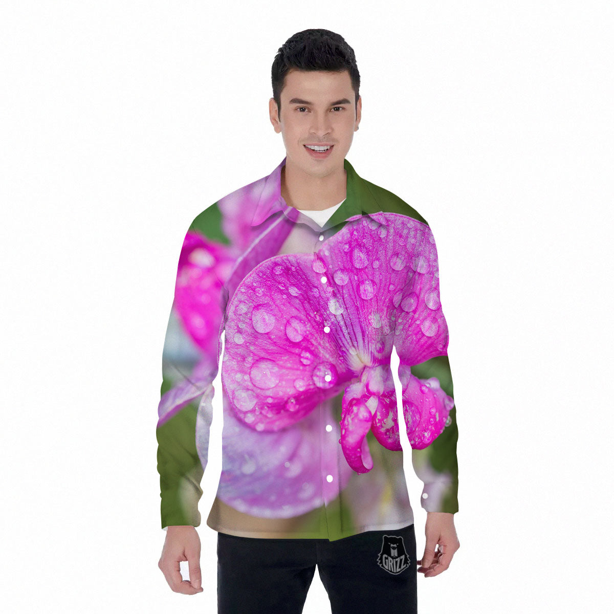 Sweet Pea Purple Print Men's Long Sleeve Shirts-grizzshop