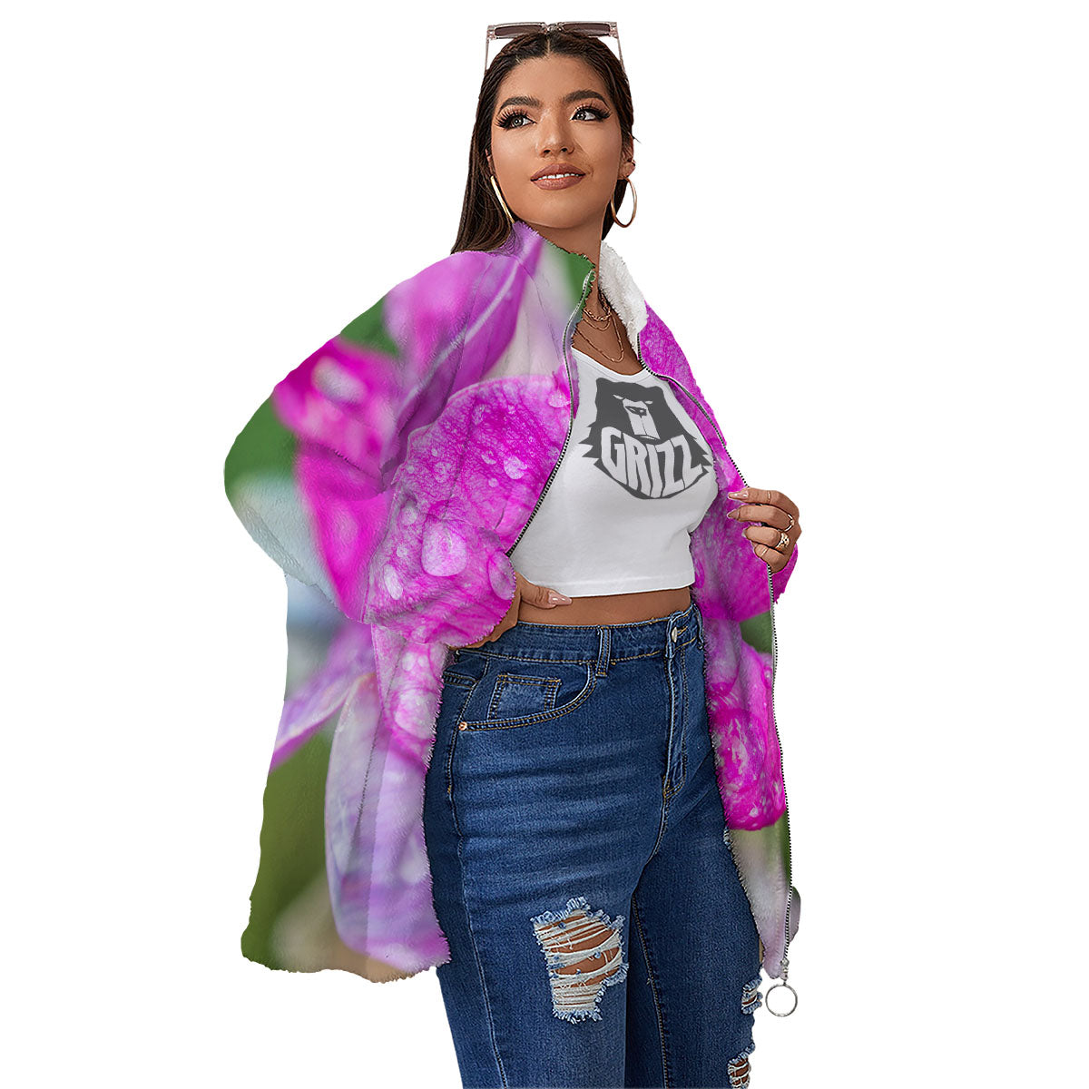 Sweet Pea Purple Print Women's Sherpa Jacket-grizzshop