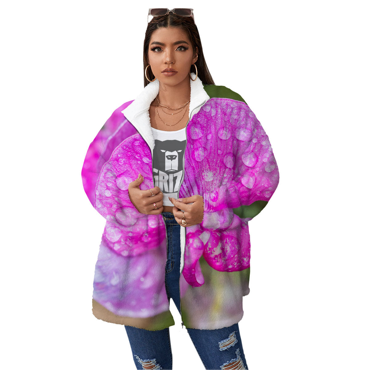 Sweet Pea Purple Print Women's Sherpa Jacket-grizzshop