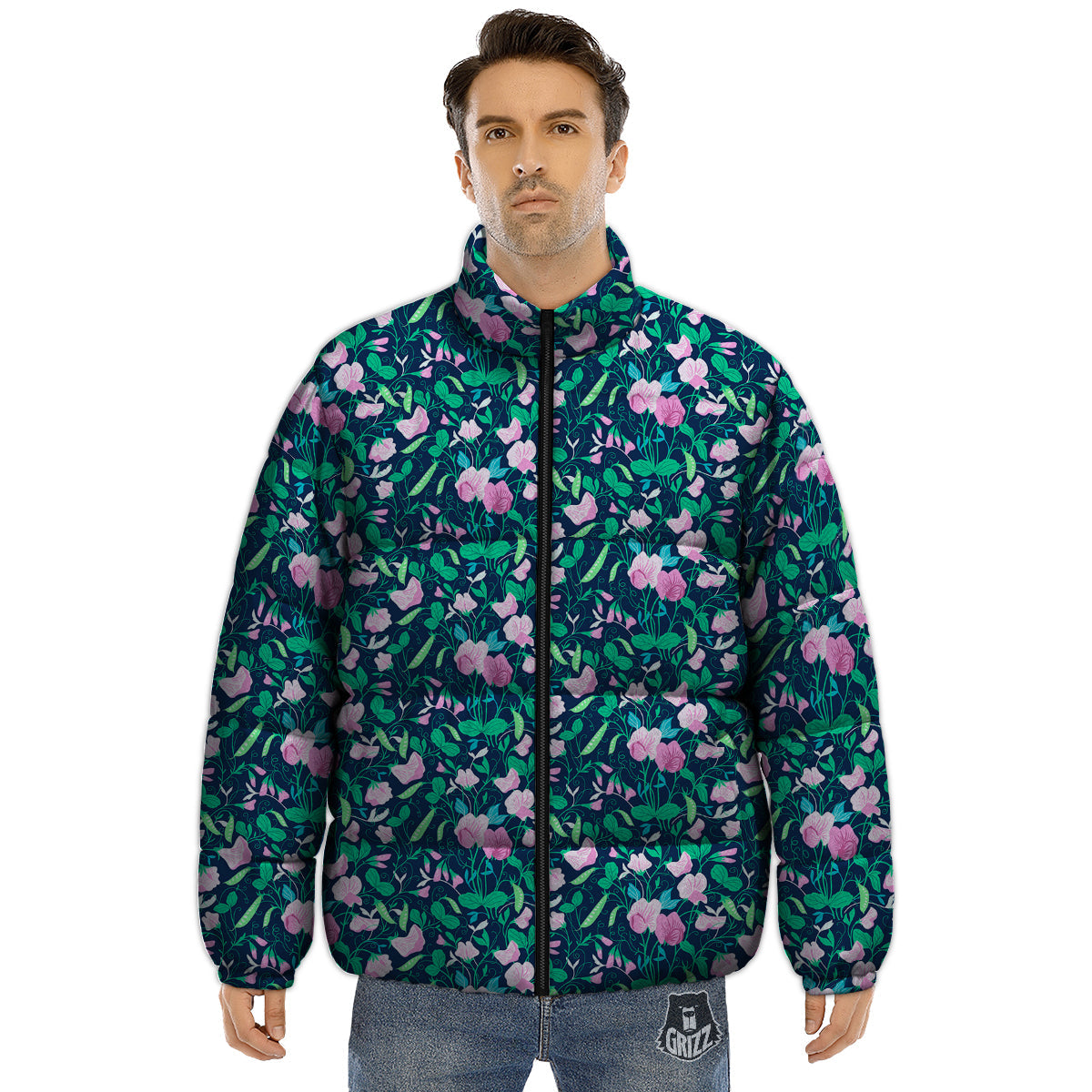 Sweet Pea Vintage Print Pattern Puffer Jacket-grizzshop