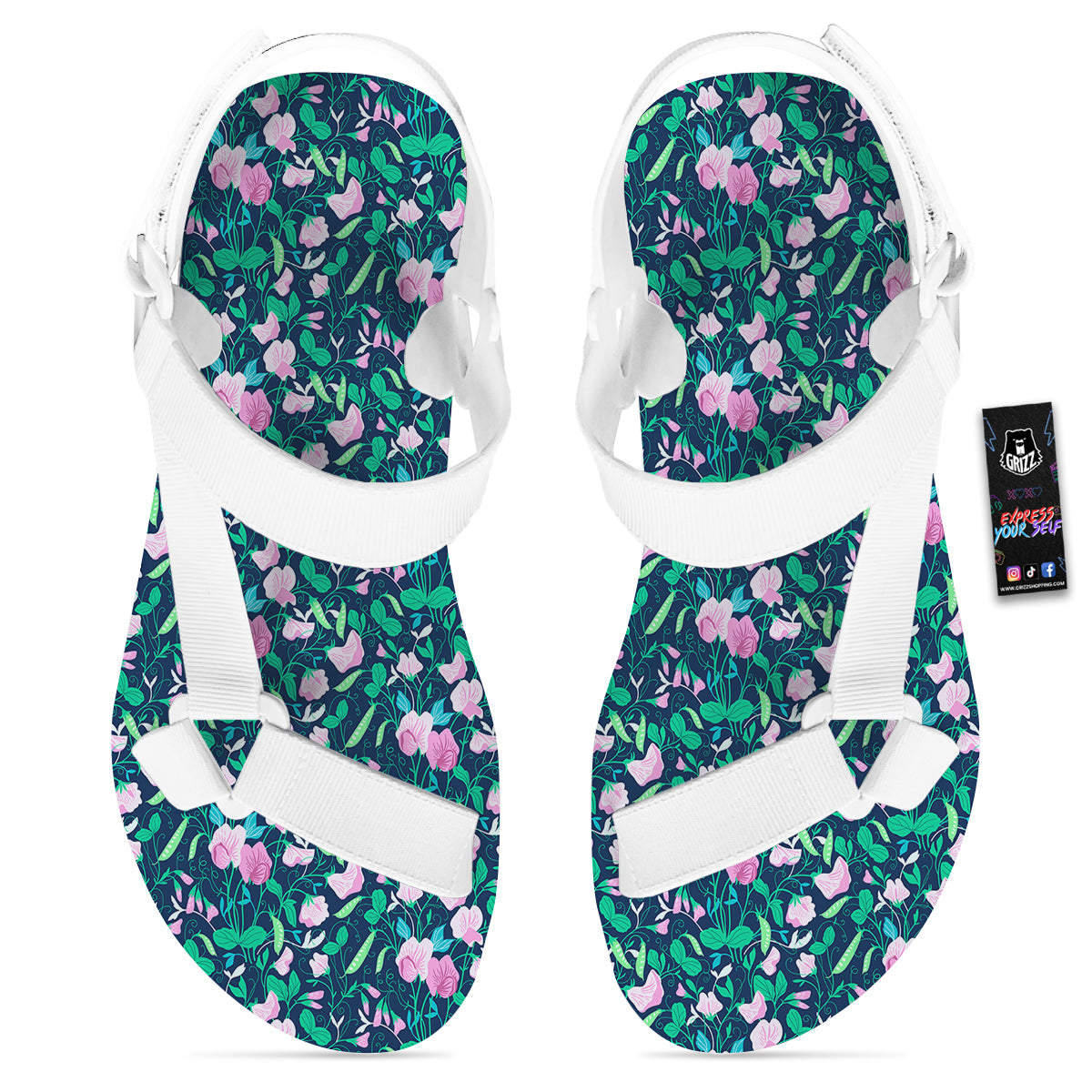 Sweet Pea Vintage Print Pattern White Open Toe Sandals-grizzshop