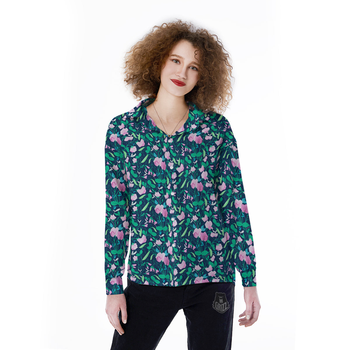 Sweet Pea Vintage Print Pattern Women's Long Sleeve Shirts-grizzshop