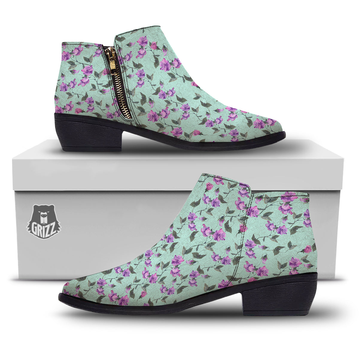 Sweet Pea Watercolor Print Pattern Ankle Boots-grizzshop