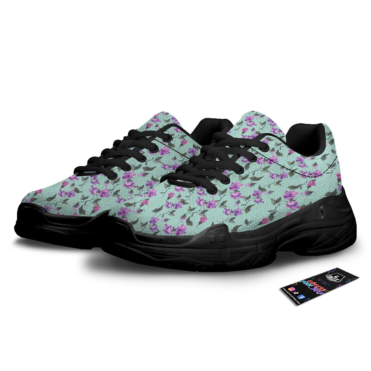 Sweet Pea Watercolor Print Pattern Black Chunky Shoes-grizzshop