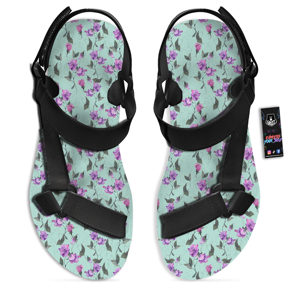Sweet Pea Watercolor Print Pattern Black Open Toe Sandals-grizzshop