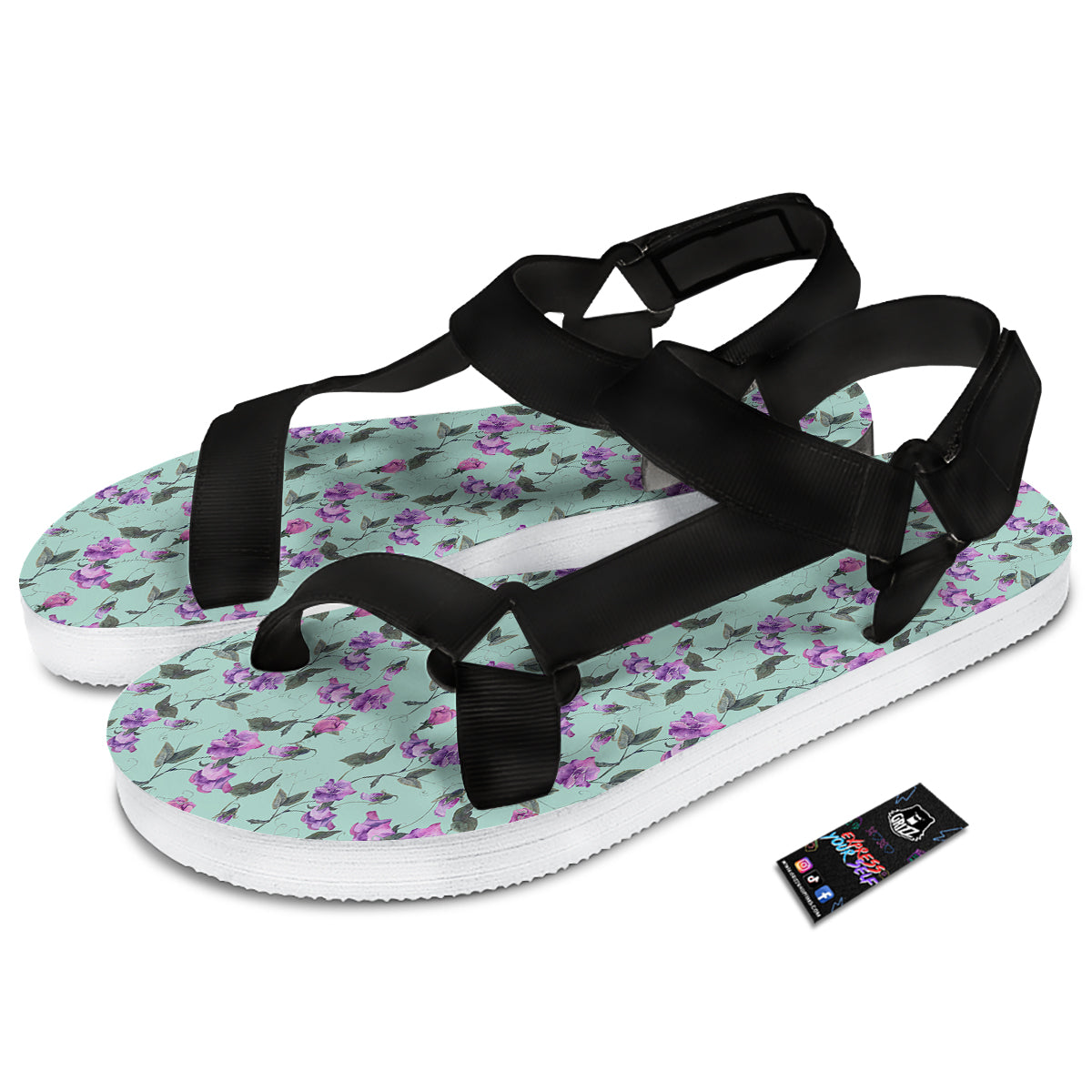Sweet Pea Watercolor Print Pattern Black Open Toe Sandals-grizzshop