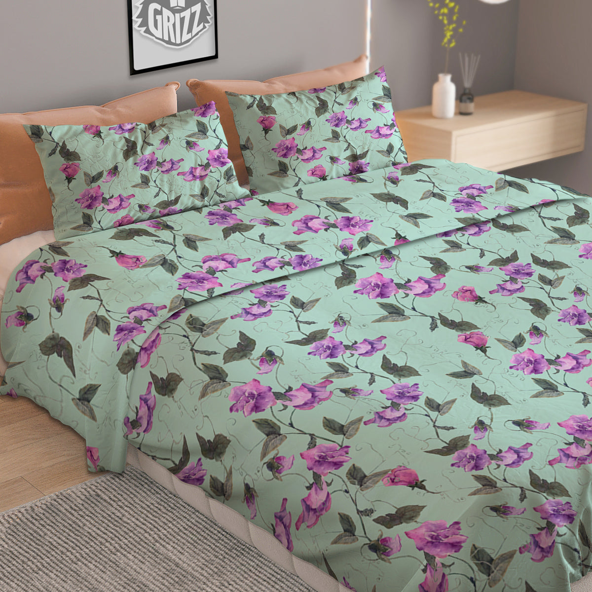 Sweet Pea Watercolor Print Pattern Duvet Cover Bedding Set
