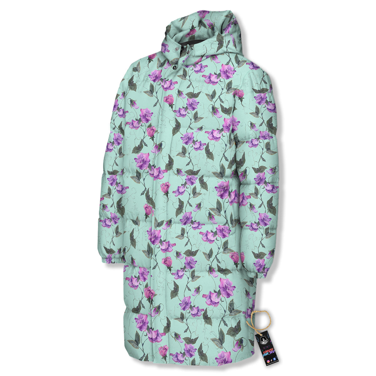 Sweet Pea Watercolor Print Pattern Long Down Jacket-grizzshop