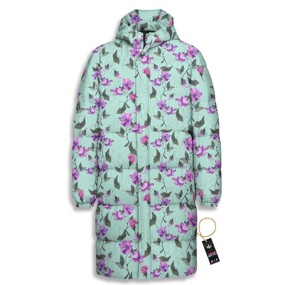 Sweet Pea Watercolor Print Pattern Long Down Jacket-grizzshop